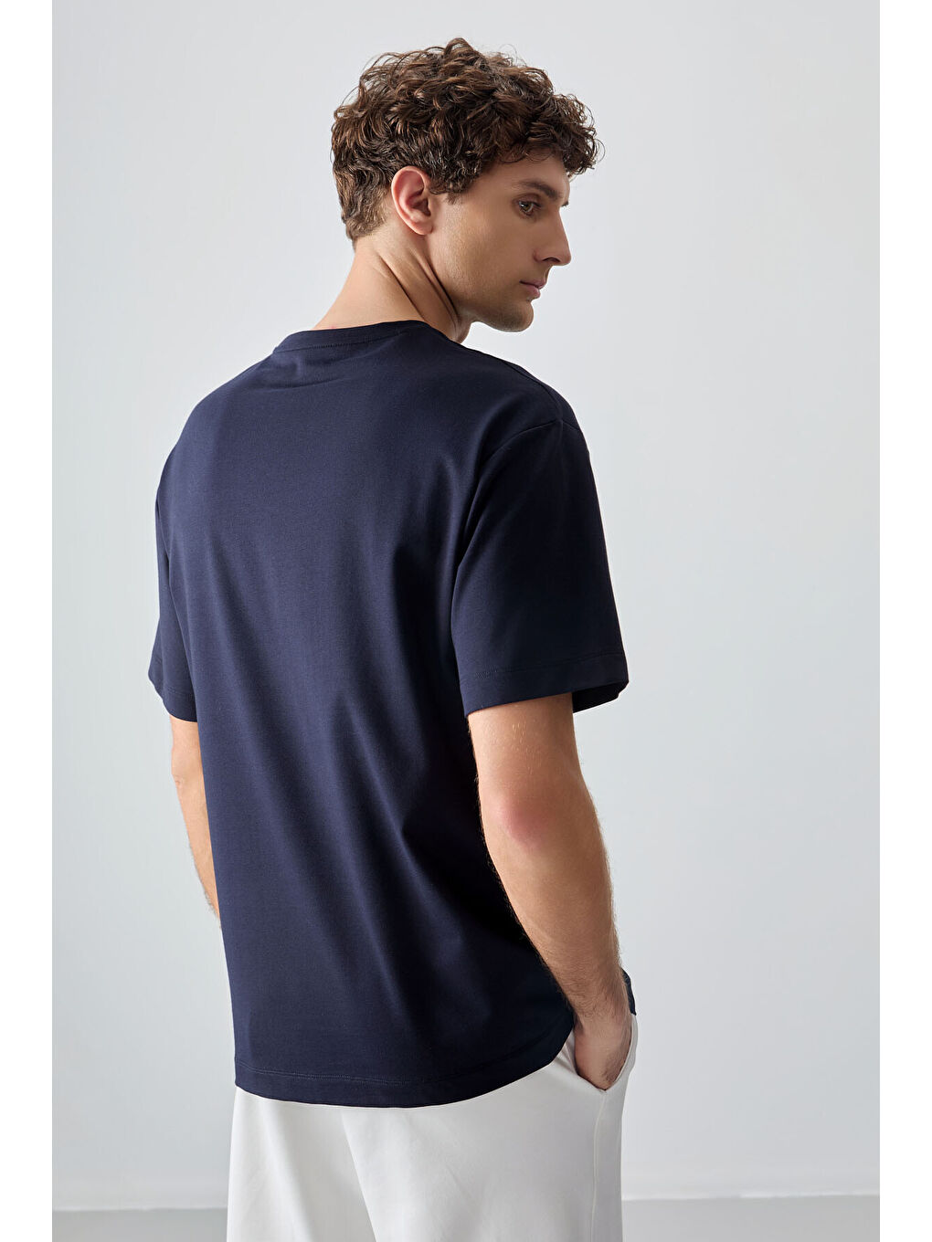 Lacivert Pamuklu Kalın Yumuşak Dokulu Oversize Fit Baskılı Erkek Tişört - 88375-4