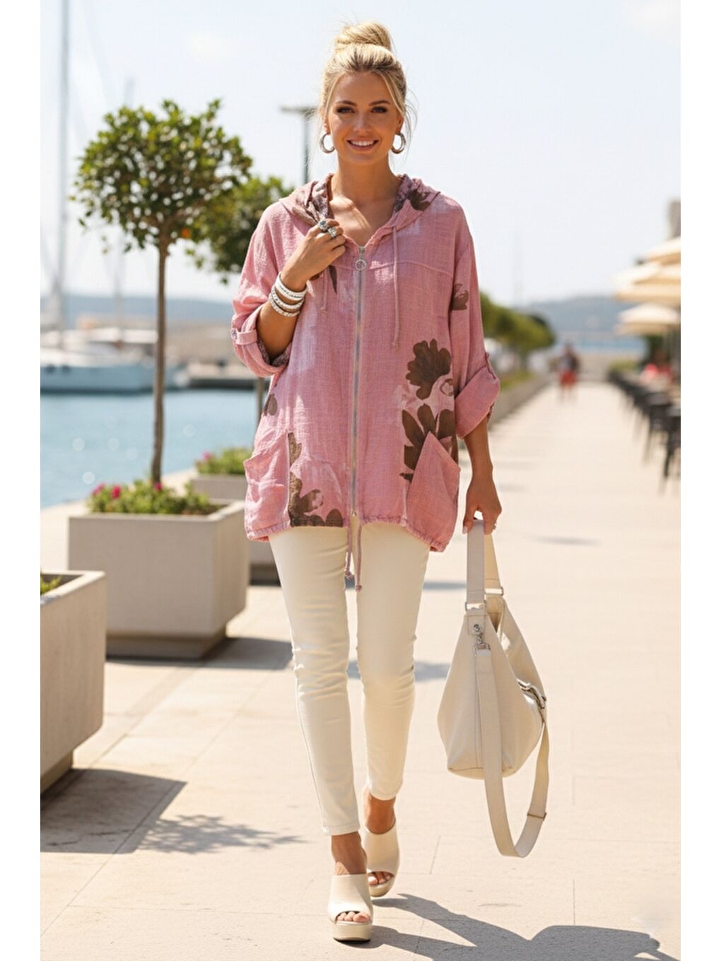 İtalyan Pembe Düğmeli Uzun Kollu Cepli Kapüşonlu Fermuarlı Baskılı Regular Boy Dokuma Ceket 68 65-2