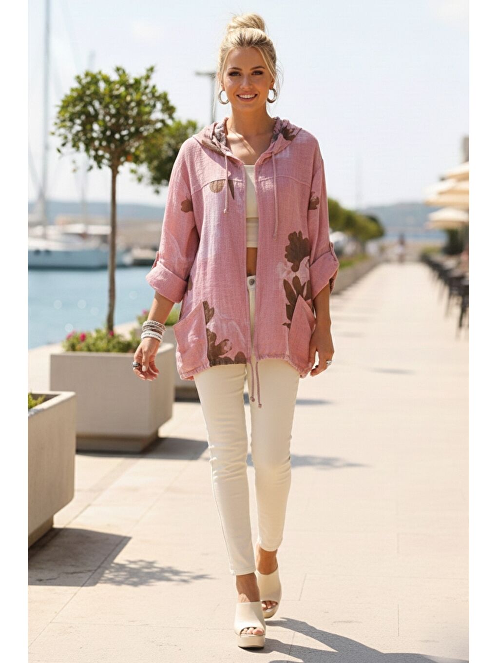 İtalyan Pembe Düğmeli Uzun Kollu Cepli Kapüşonlu Fermuarlı Baskılı Regular Boy Dokuma Ceket 68 65-3