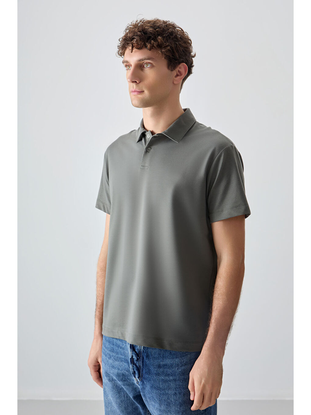 Haki Pamuklu Kalın Yumuşak Dokulu Polo Yaka Oversize Fit Basic Erkek Tişört- 88381-4