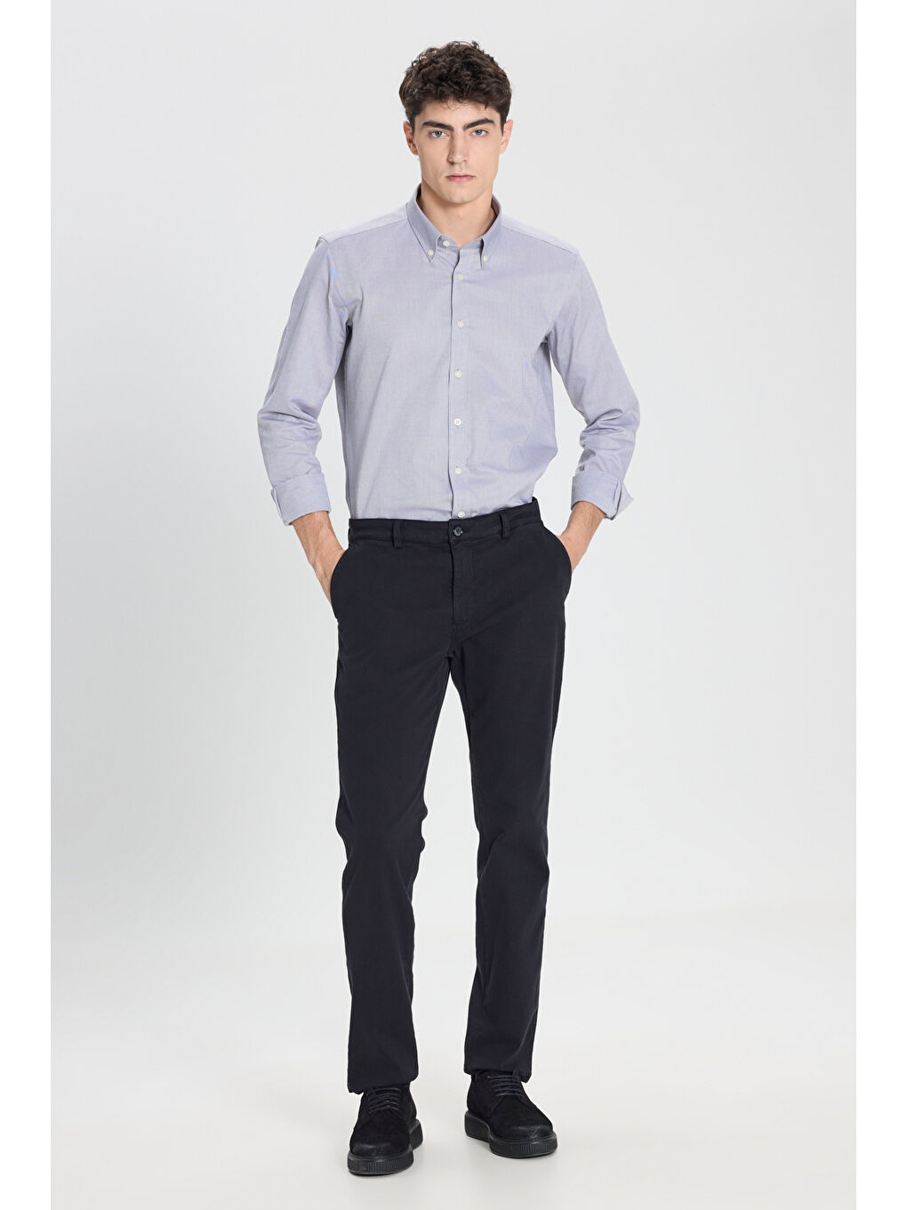 Erkek Siyah Slim Fit Dar Kesim Pamuklu Esnek Armürlü Yan Cep Pantolon