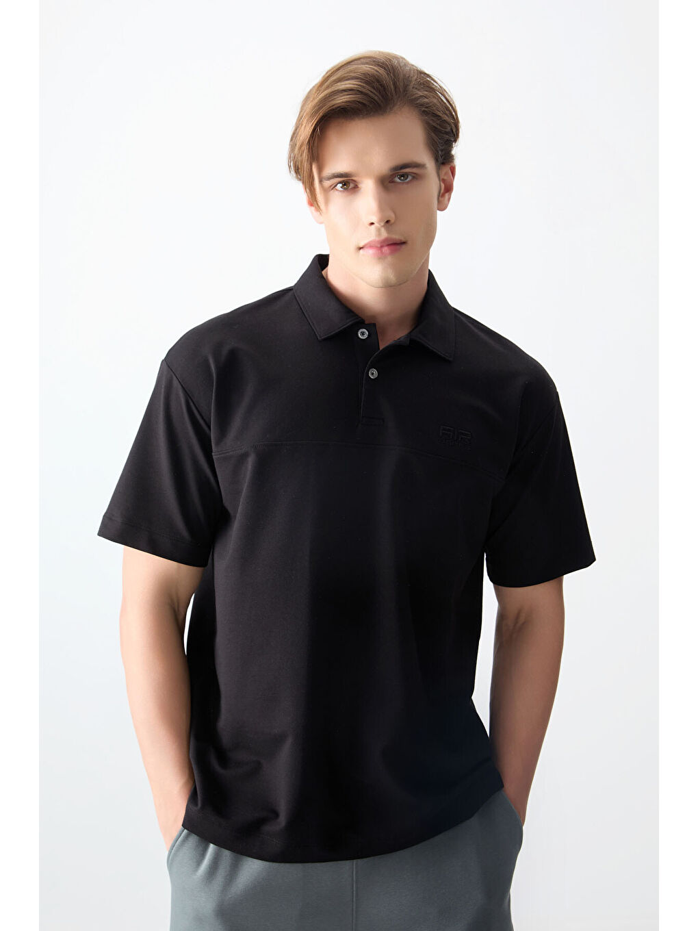 Siyah Pamuklu Kalın Yumuşak Dokulu Polo Yaka Oversize Fit Basic Erkek Tişört- 88382
