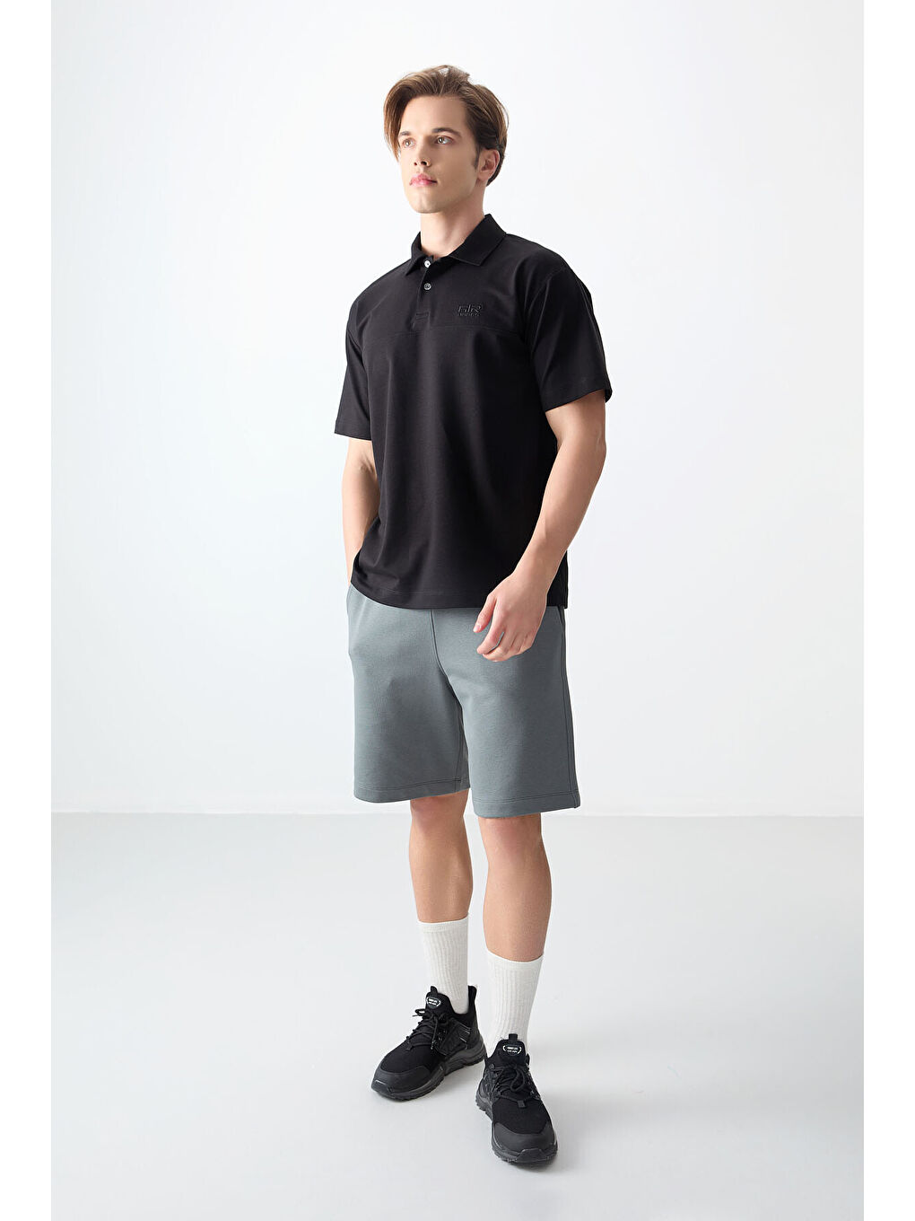 Siyah Pamuklu Kalın Yumuşak Dokulu Polo Yaka Oversize Fit Basic Erkek Tişört- 88382-2