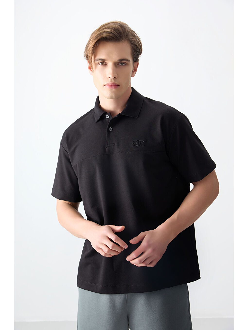Siyah Pamuklu Kalın Yumuşak Dokulu Polo Yaka Oversize Fit Basic Erkek Tişört- 88382-3