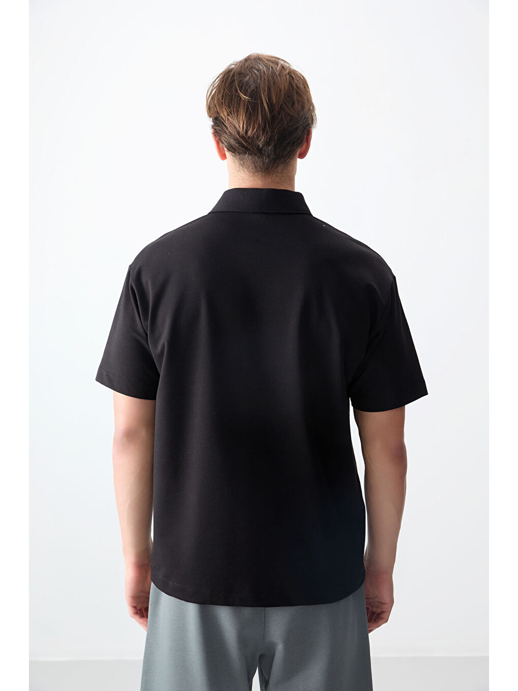 Siyah Pamuklu Kalın Yumuşak Dokulu Polo Yaka Oversize Fit Basic Erkek Tişört- 88382-4