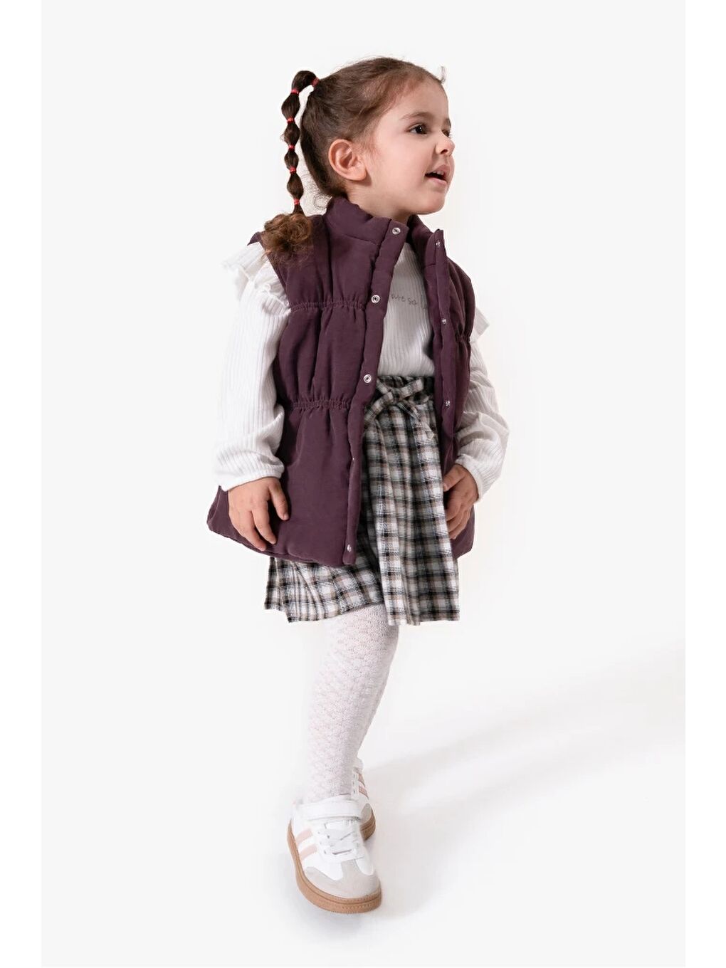 Mürdüm Ekose Etekli Külotlu Çoraplı & Yelekli Bayramlık Kız Bebek 4'lü Takım 9093-2