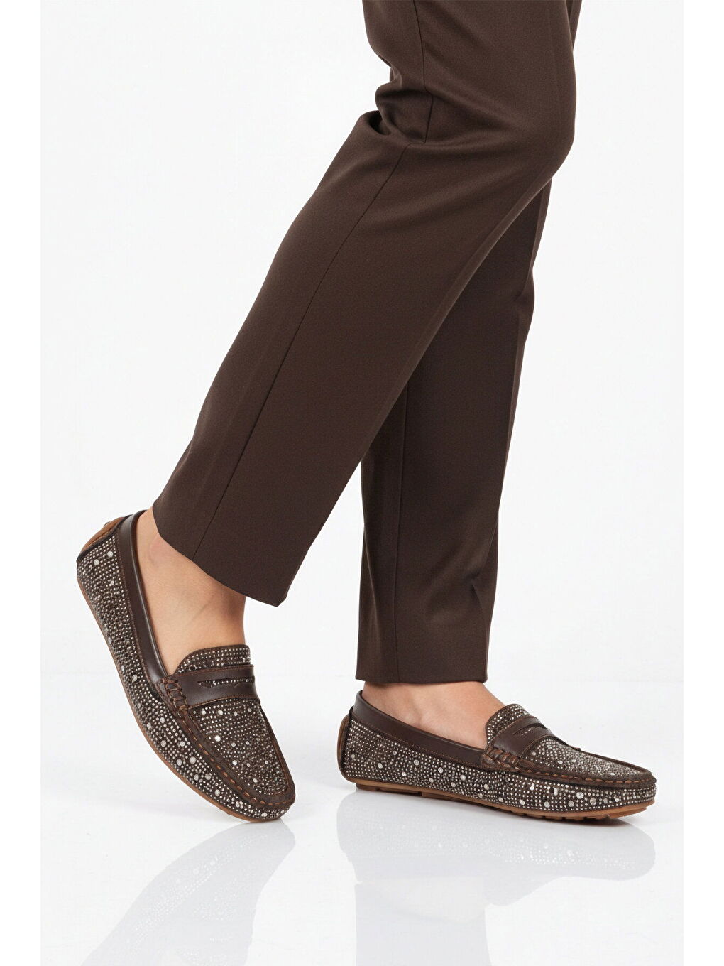 Kahverengi Kahve Geniş Kalıp Taş İşlemeli Hafif Esnek Kadın Babet 302122 Z