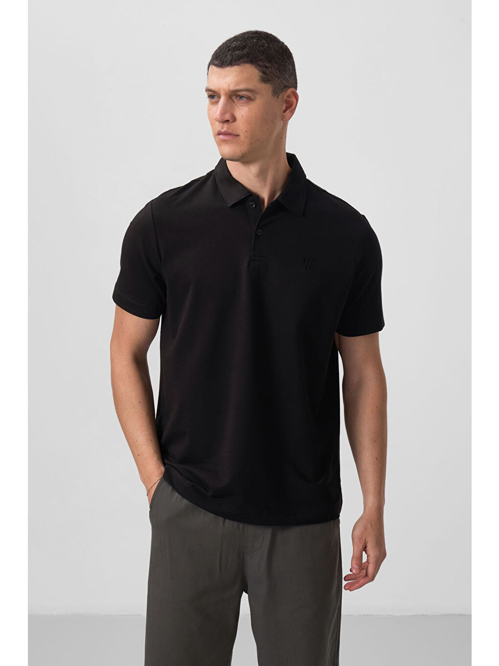 Siyah Basic Göğüs Logolu Standart Kalıp Triko Polo Yaka Erkek Tişört - 87768-4