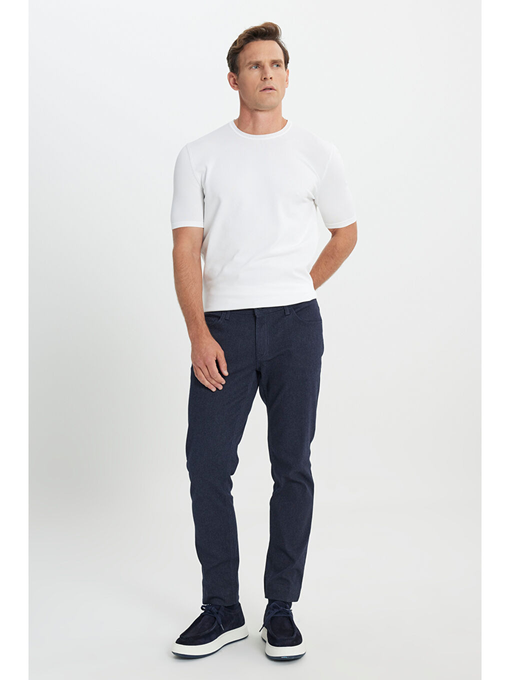 Erkek Lacivert Pamuklu Slim Fit Dar Kesim 5 Cep Armürlü Esnek Casual Pantolon