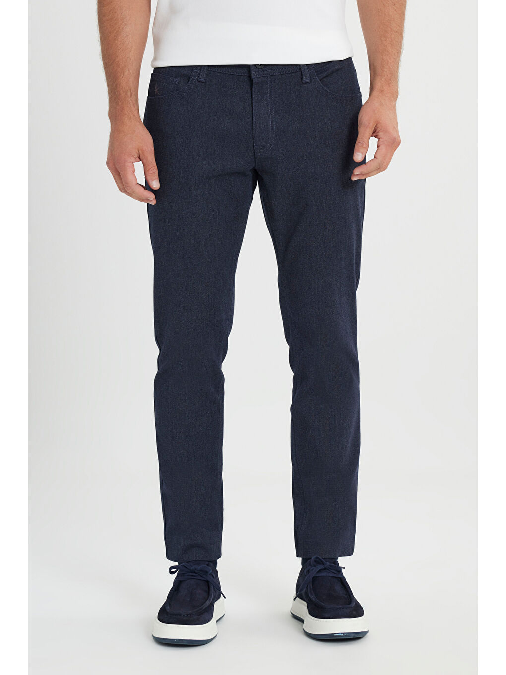 Erkek Lacivert Pamuklu Slim Fit Dar Kesim 5 Cep Armürlü Esnek Casual Pantolon-1