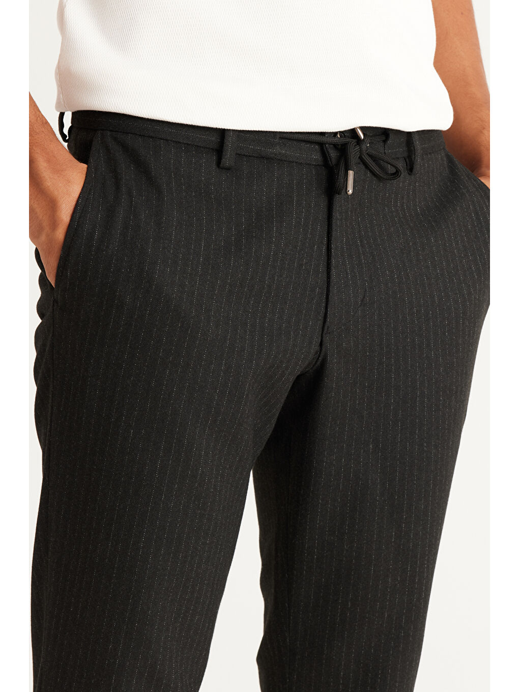 Erkek Antrasit Slim Fit Dar Kesim Beli Bağlamalı Desenli Esnek Pantolon-2