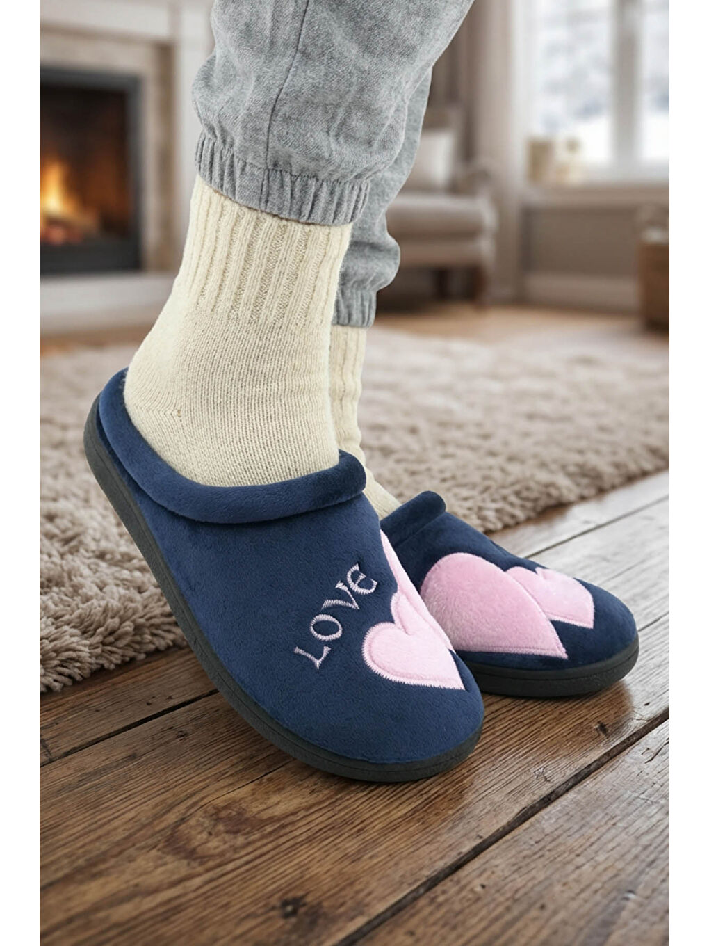 Lacivert Kadın Kışlık Nakışlı Tasarım Havlu Kumaş PU Taban Rahat Ev Bahçe Gondol Terlik