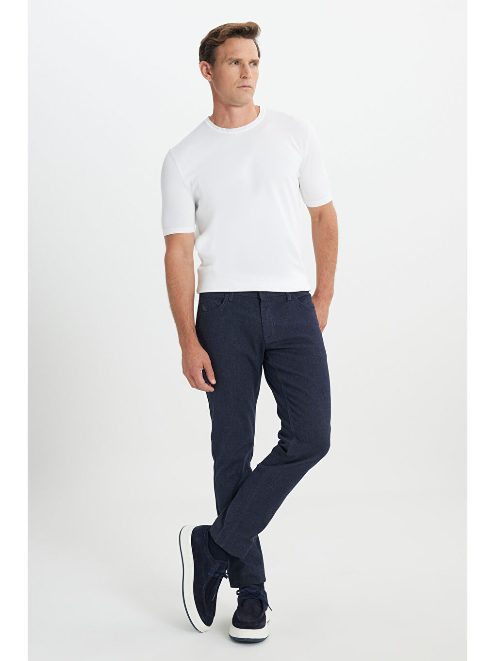 Erkek Lacivert Pamuklu Slim Fit Dar Kesim 5 Cep Armürlü Esnek Casual Pantolon-2