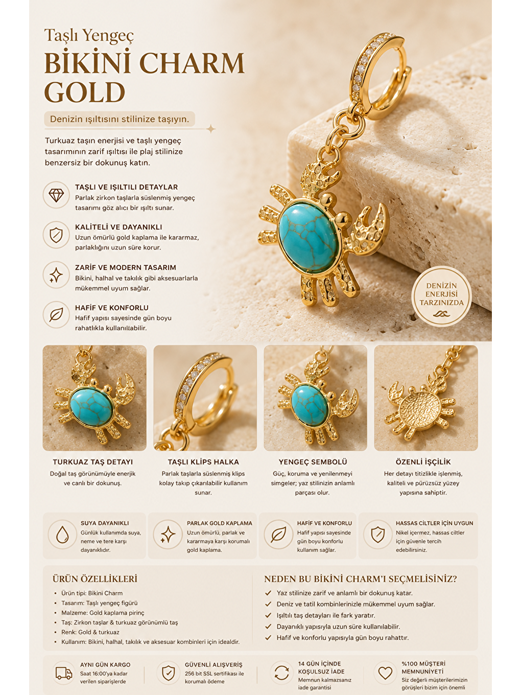 Sarı Taşlı Yengeç Bikini Charm Gold-2