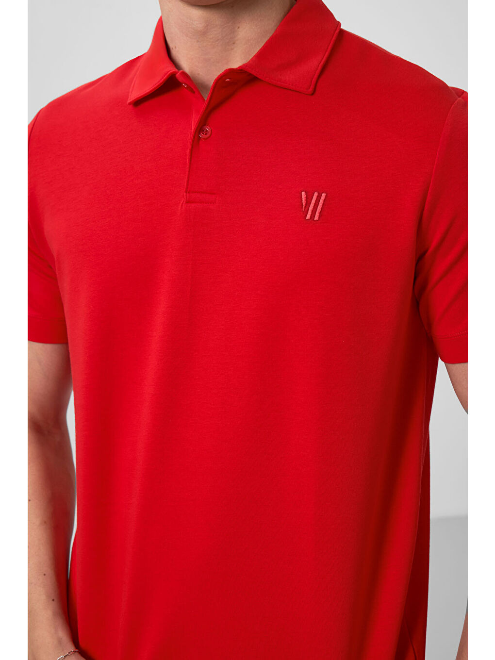 Kırmızı Basic Göğüs Logolu Standart Kalıp Triko Polo Yaka Erkek Tişört - 87768-3