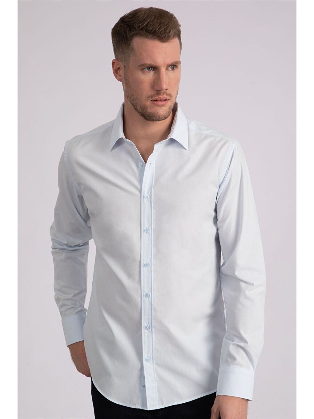 Modern Slim Fit Uzun Kollu Pamuklu Kolay Ütü Erkek Mavi Gömlek
