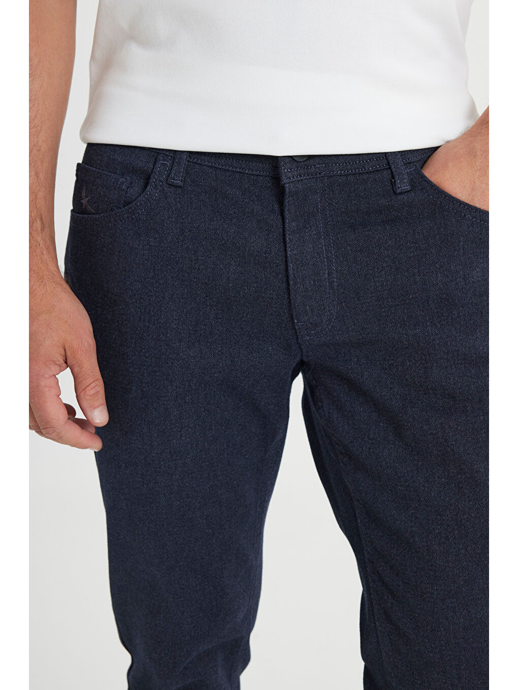 Erkek Lacivert Pamuklu Slim Fit Dar Kesim 5 Cep Armürlü Esnek Casual Pantolon-4