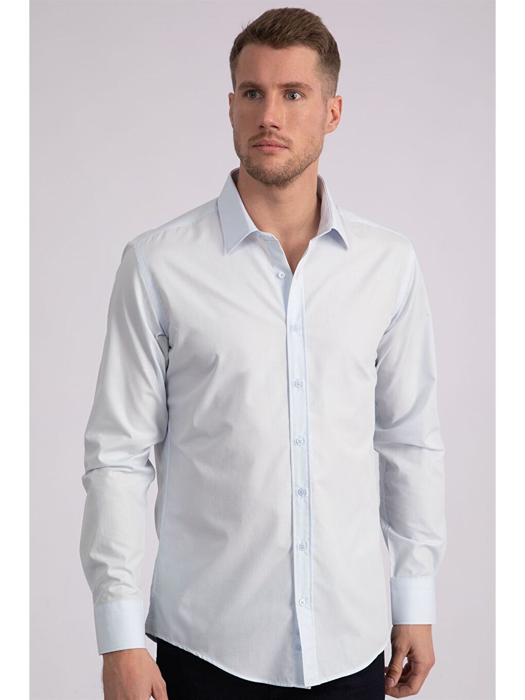 Modern Slim Fit Uzun Kollu Pamuklu Kolay Ütü Erkek Mavi Gömlek-1