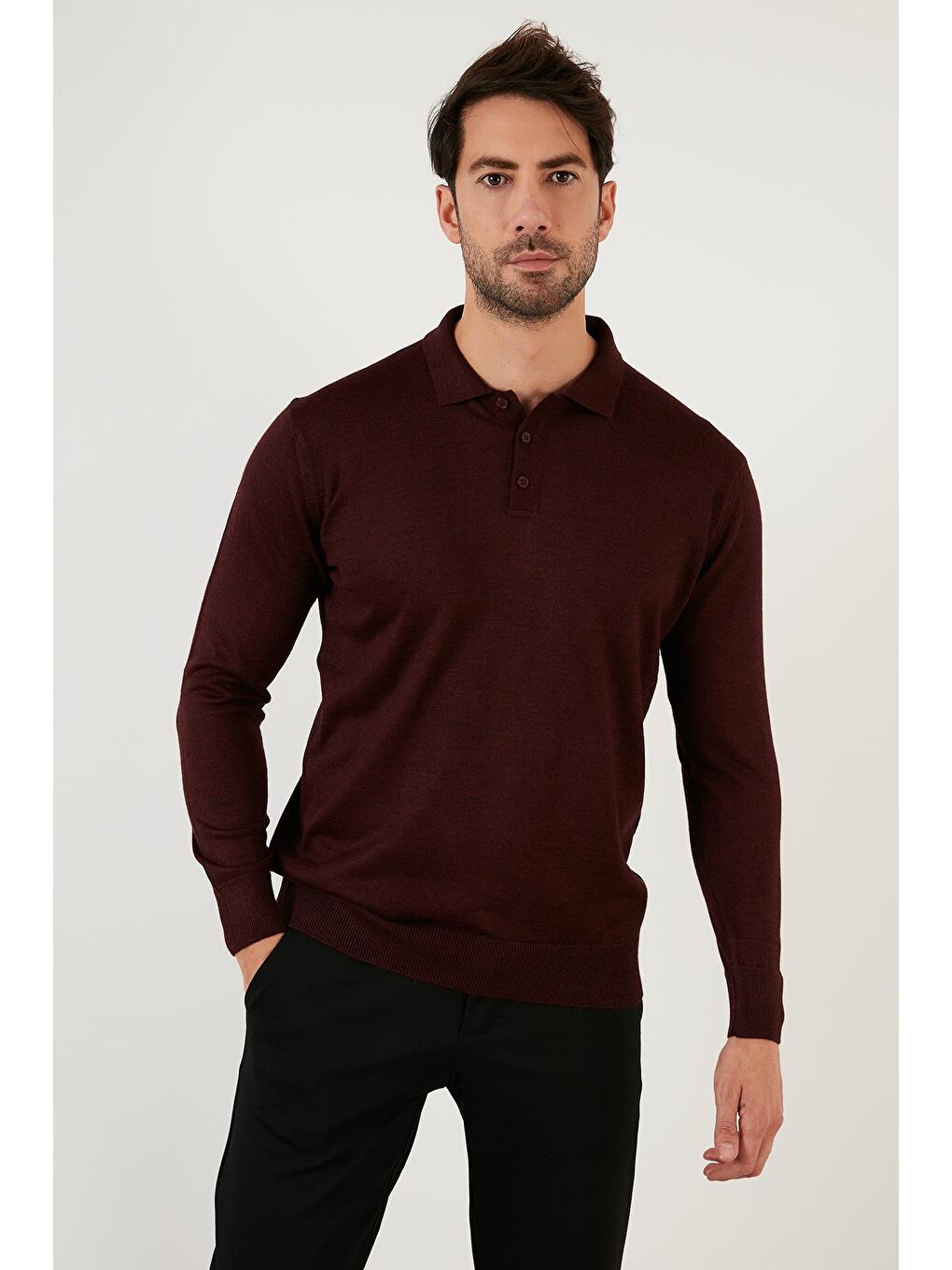 Bordo Yünlü Düğmeli Polo Yaka Triko Kazak 518POLO-1