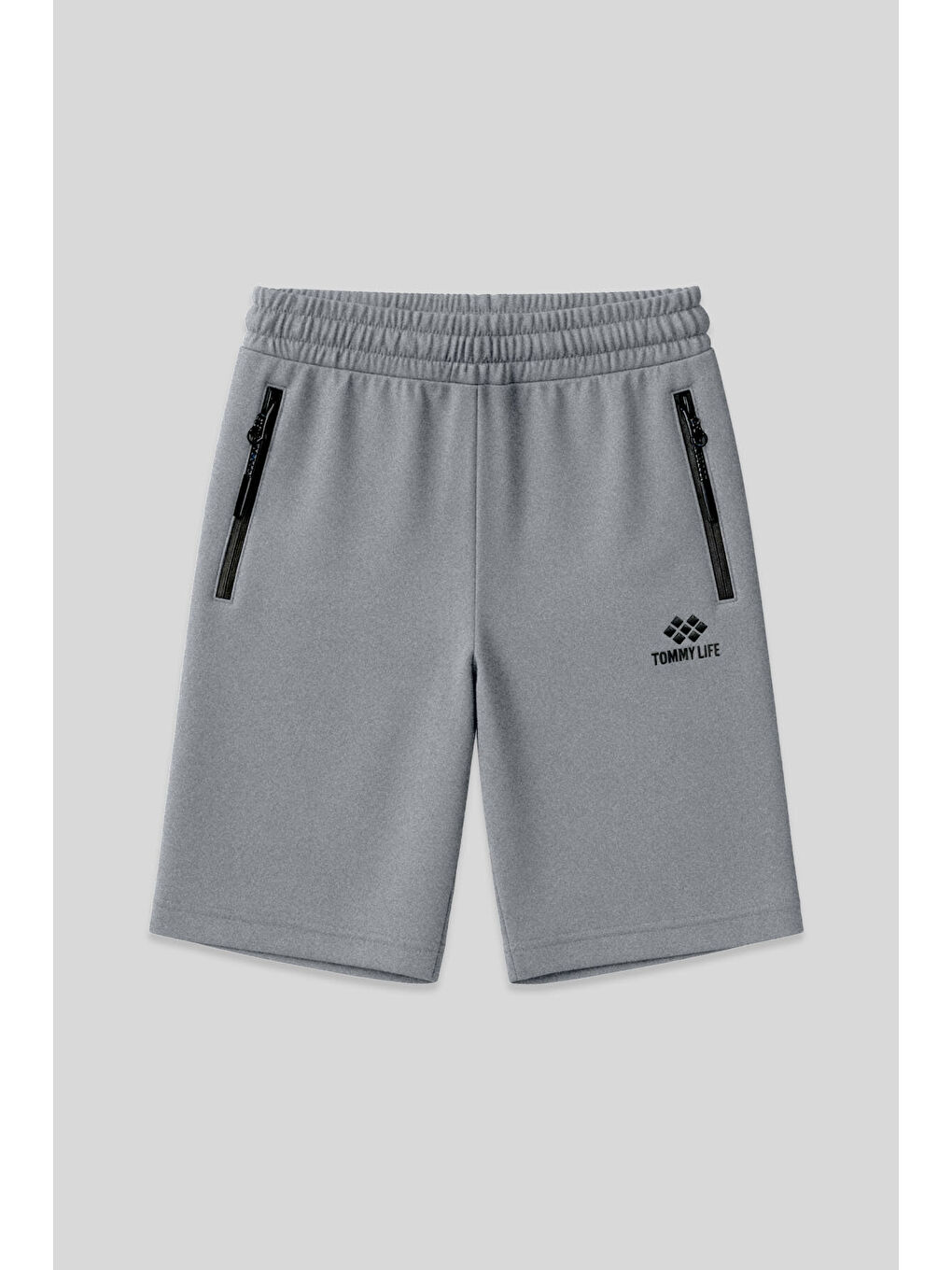 Gri Melanj Gizli Fermuar Arka Cepli Bağcıklı Standart Kalıp Erkek Şort - 81136