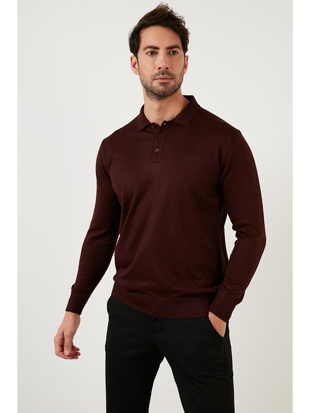 Bordo Yünlü Düğmeli Polo Yaka Triko Kazak 518POLO-3