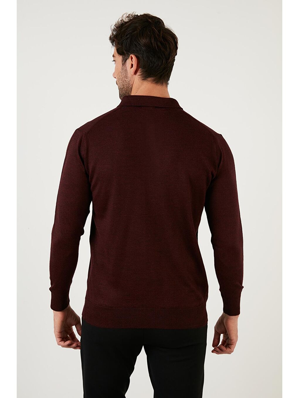 Bordo Yünlü Düğmeli Polo Yaka Triko Kazak 518POLO-4