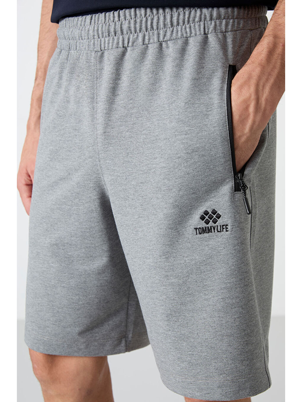 Gri Melanj Gizli Fermuar Arka Cepli Bağcıklı Standart Kalıp Erkek Şort - 81136-4