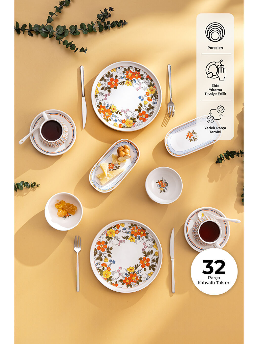 Beyaz Teraryum 32 Parça 6 Kişilik Kahvaltı Takımı