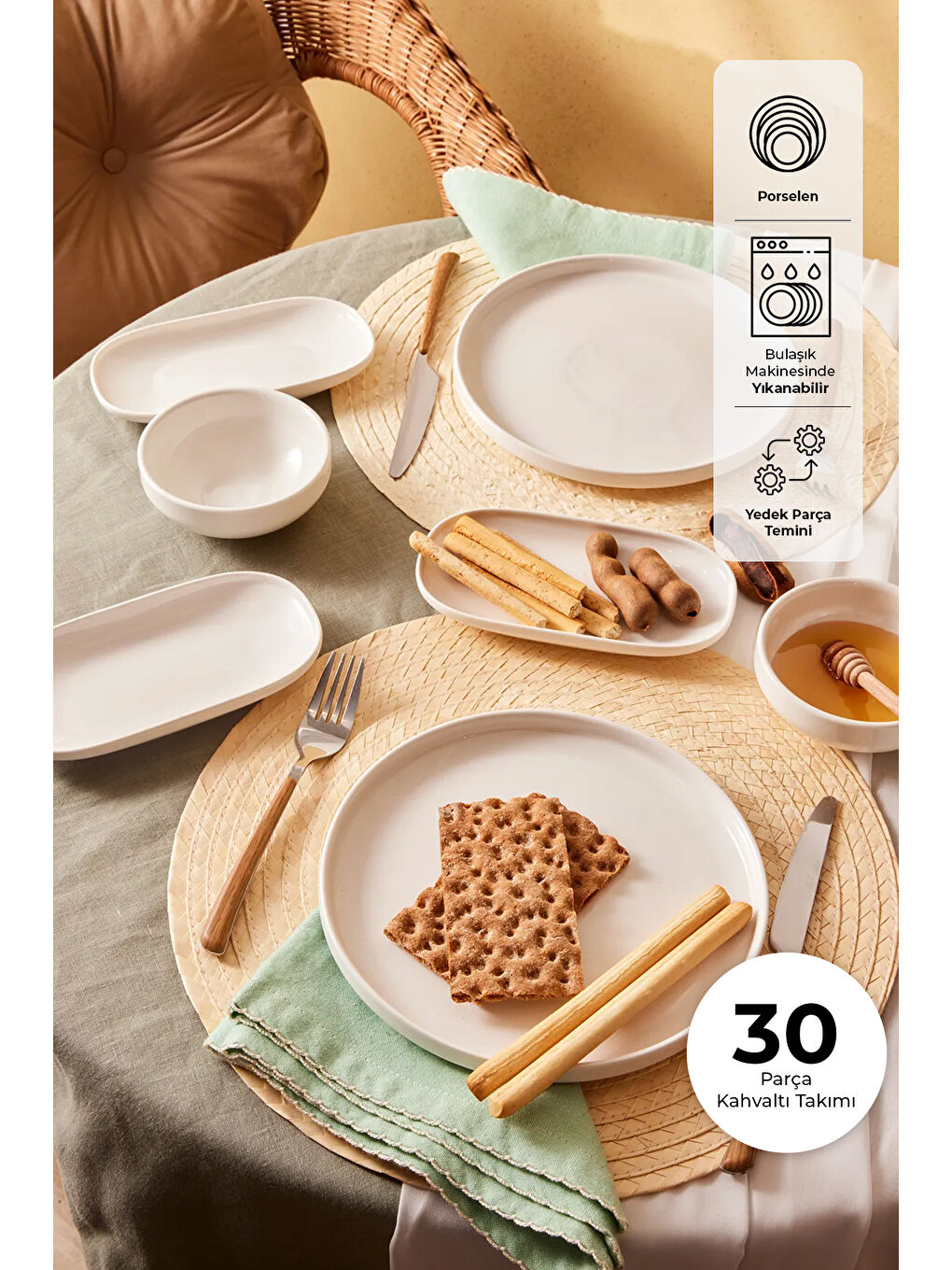 Parla Porselen 12 Parça 6 Kişilik Kahvaltı Takımı Beyaz
