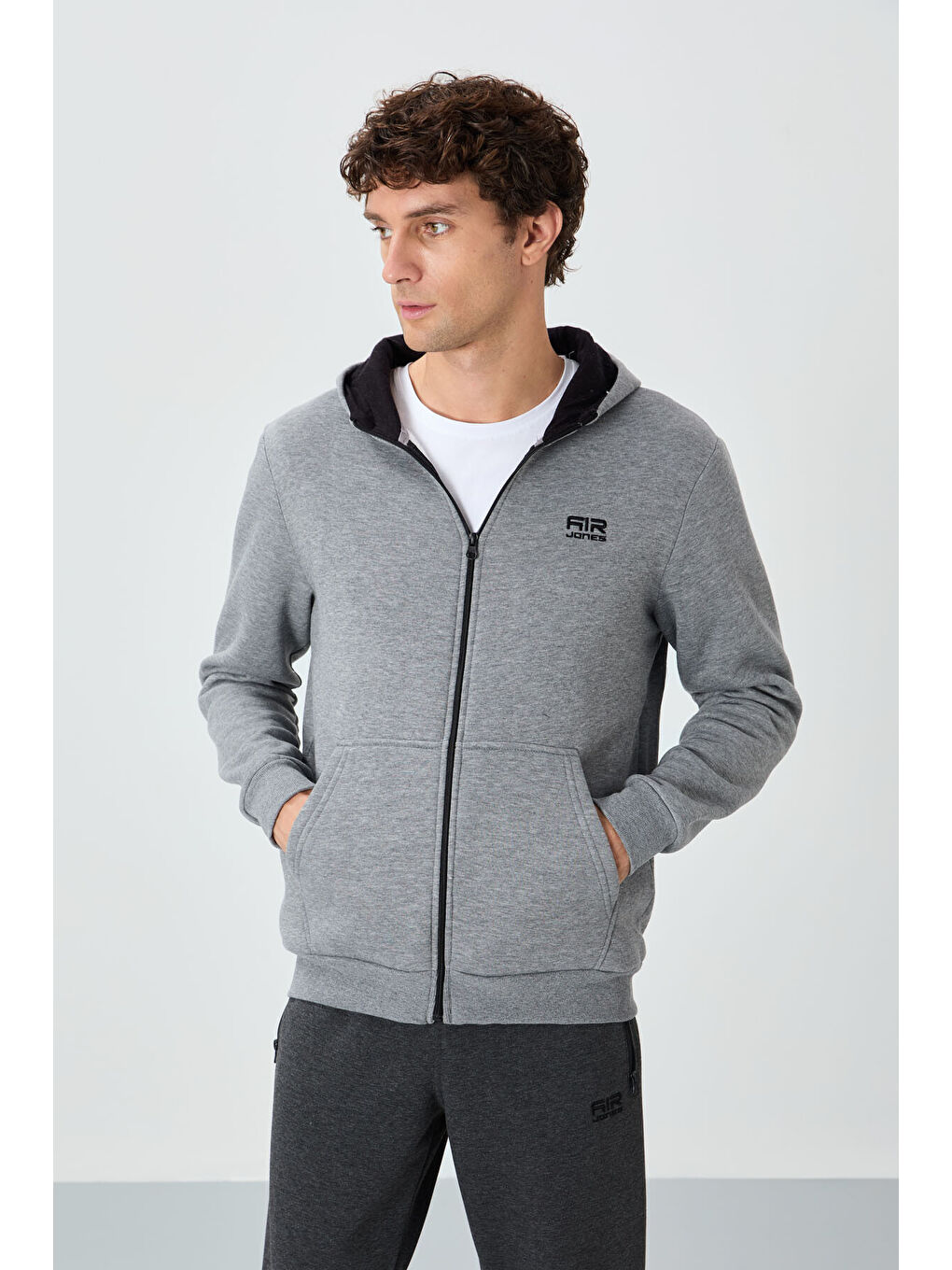 Hector Gri Melanj  Şardonlu Erkek Fermuarlı Sweatshirt Hırka - 88139