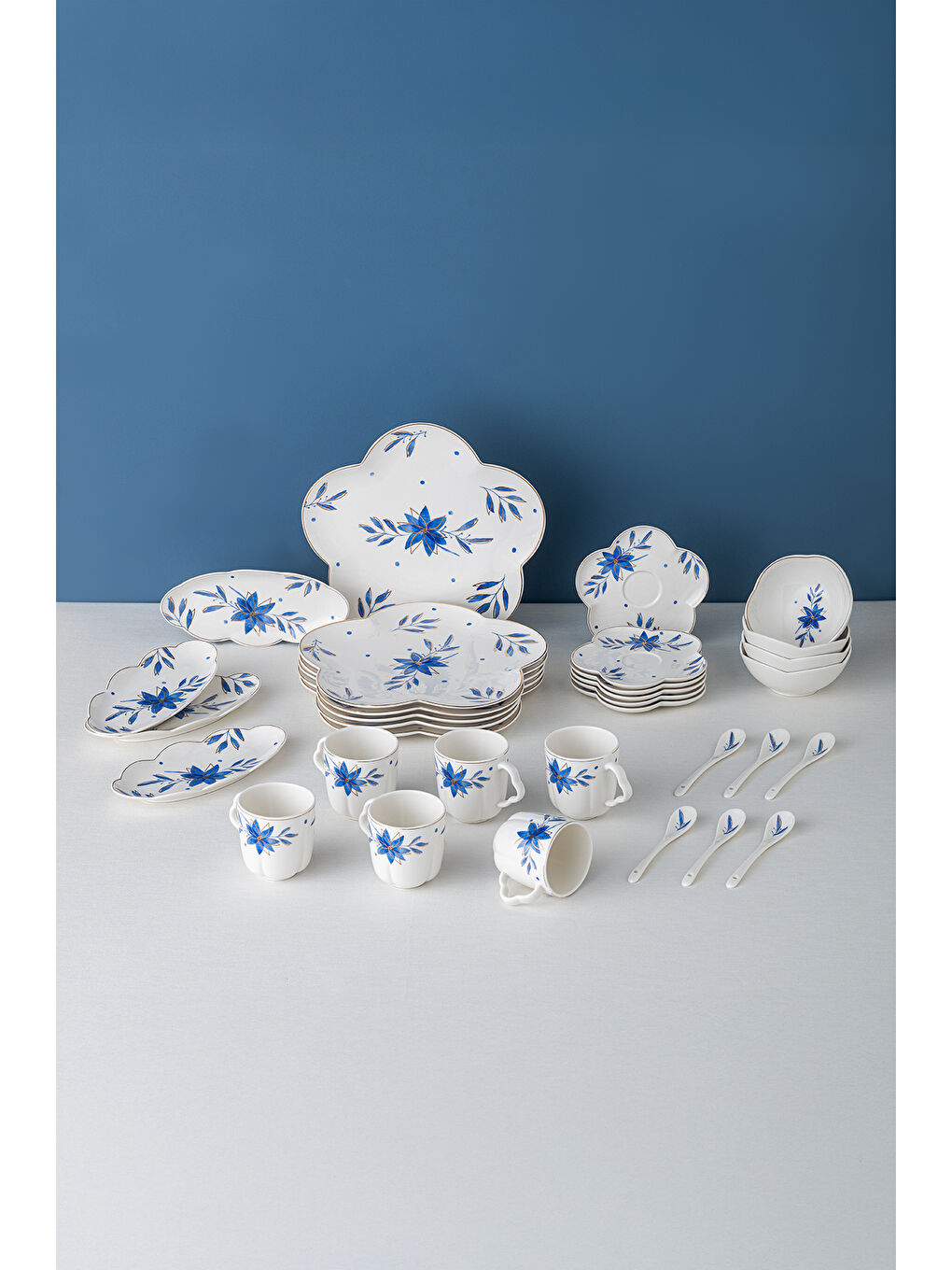 Beyaz İntense Blue Porselen 32 Parça 6 Kişilik Kahvaltı/Servis Takımı-1