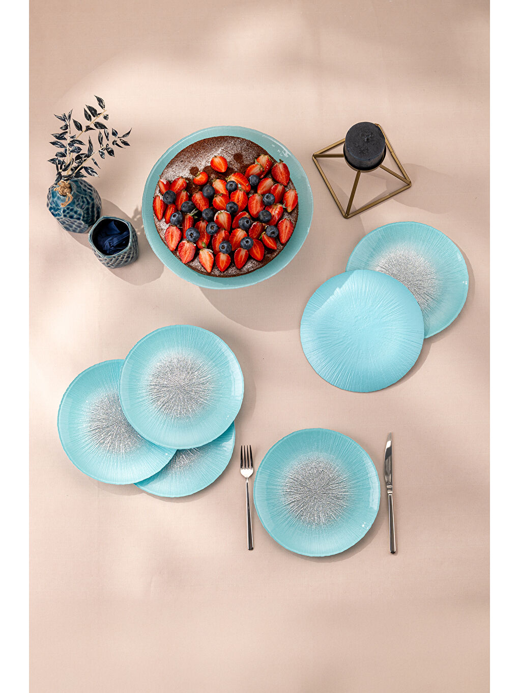 Pastel 7 Parça Cam Pasta / Tatlı Seti Mavi