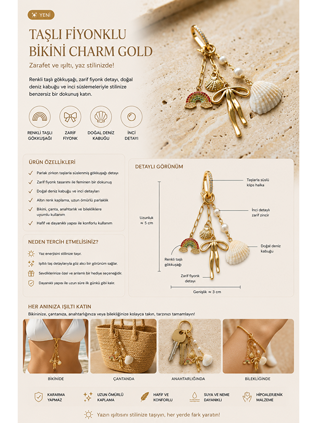 Sarı Taşlı Fiyonklu Bikini Charm Gold-2