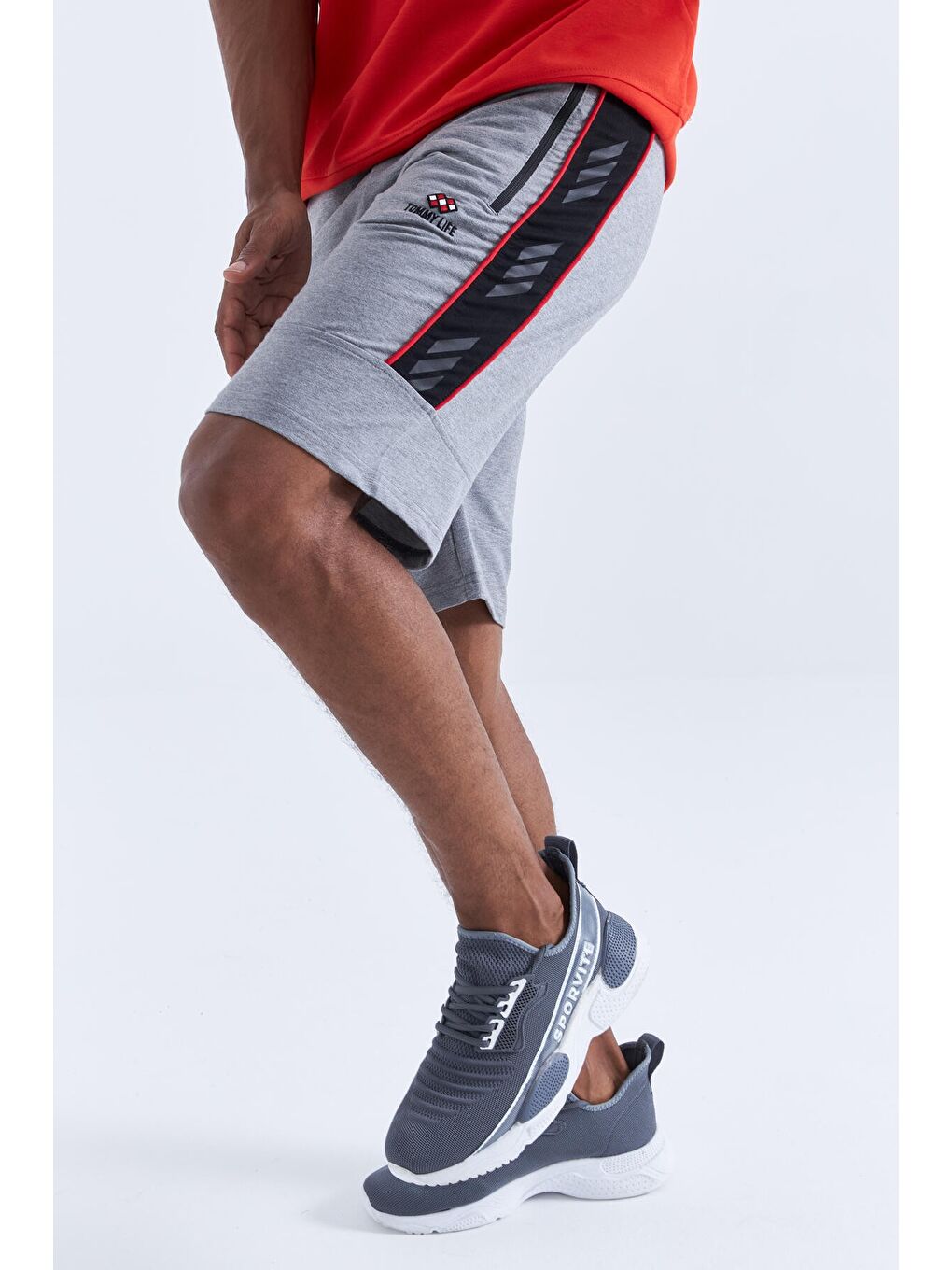 Gri Melanj Yan Şeritli Standart Kalıp Erkek Şort - 81148-2