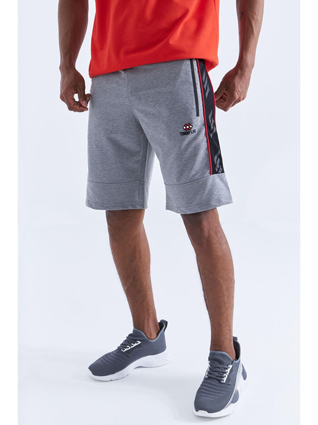 Gri Melanj Yan Şeritli Standart Kalıp Erkek Şort - 81148-3