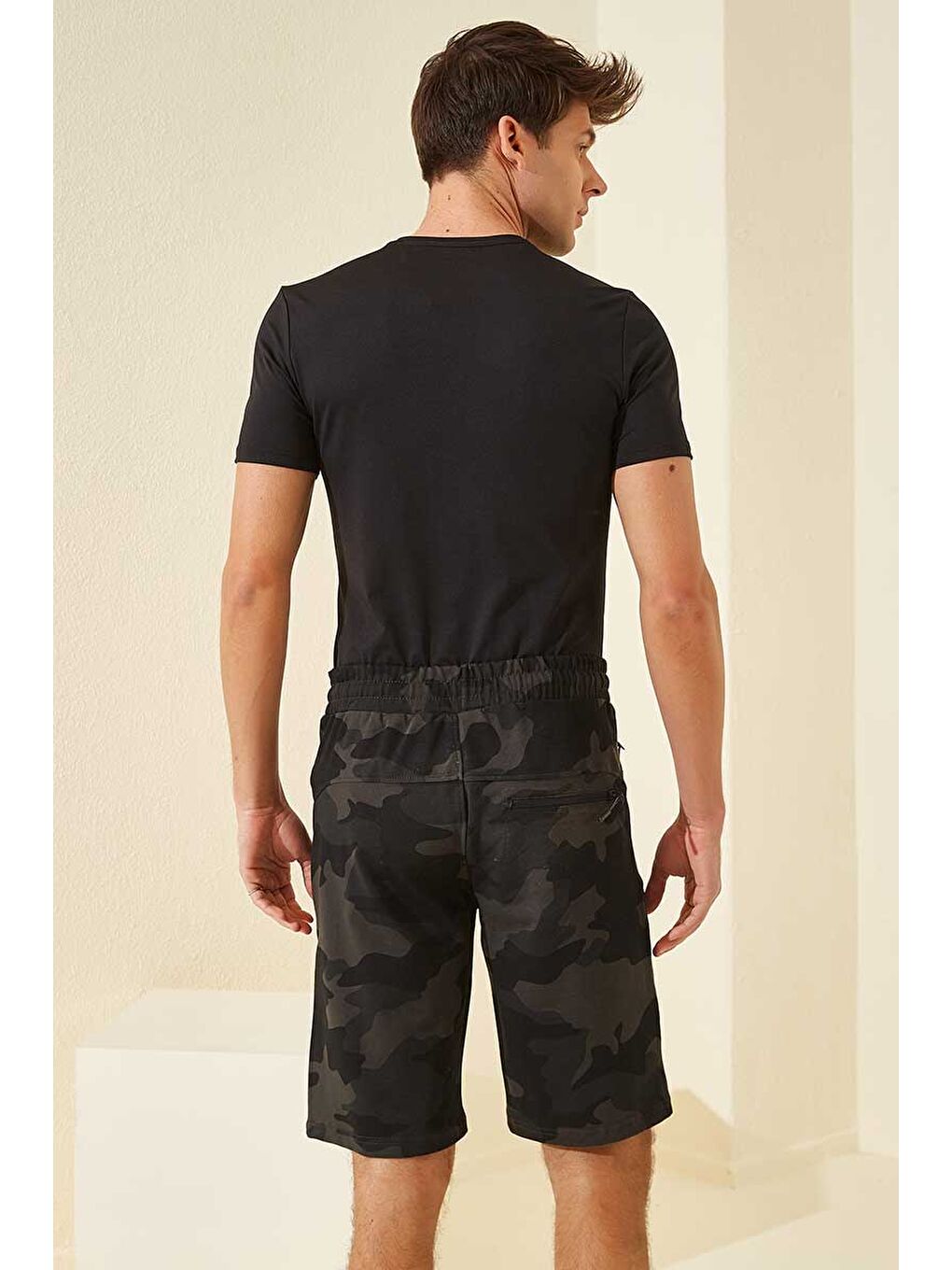 Siyah Gölge Kamuflaj Desenli Standart Kalıp Erkek Şort - 81157-2