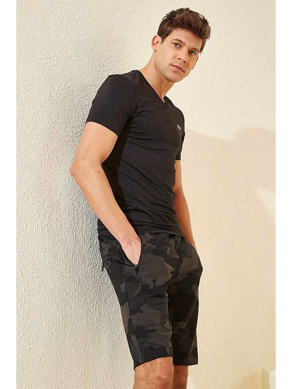 Siyah Gölge Kamuflaj Desenli Standart Kalıp Erkek Şort - 81157-4