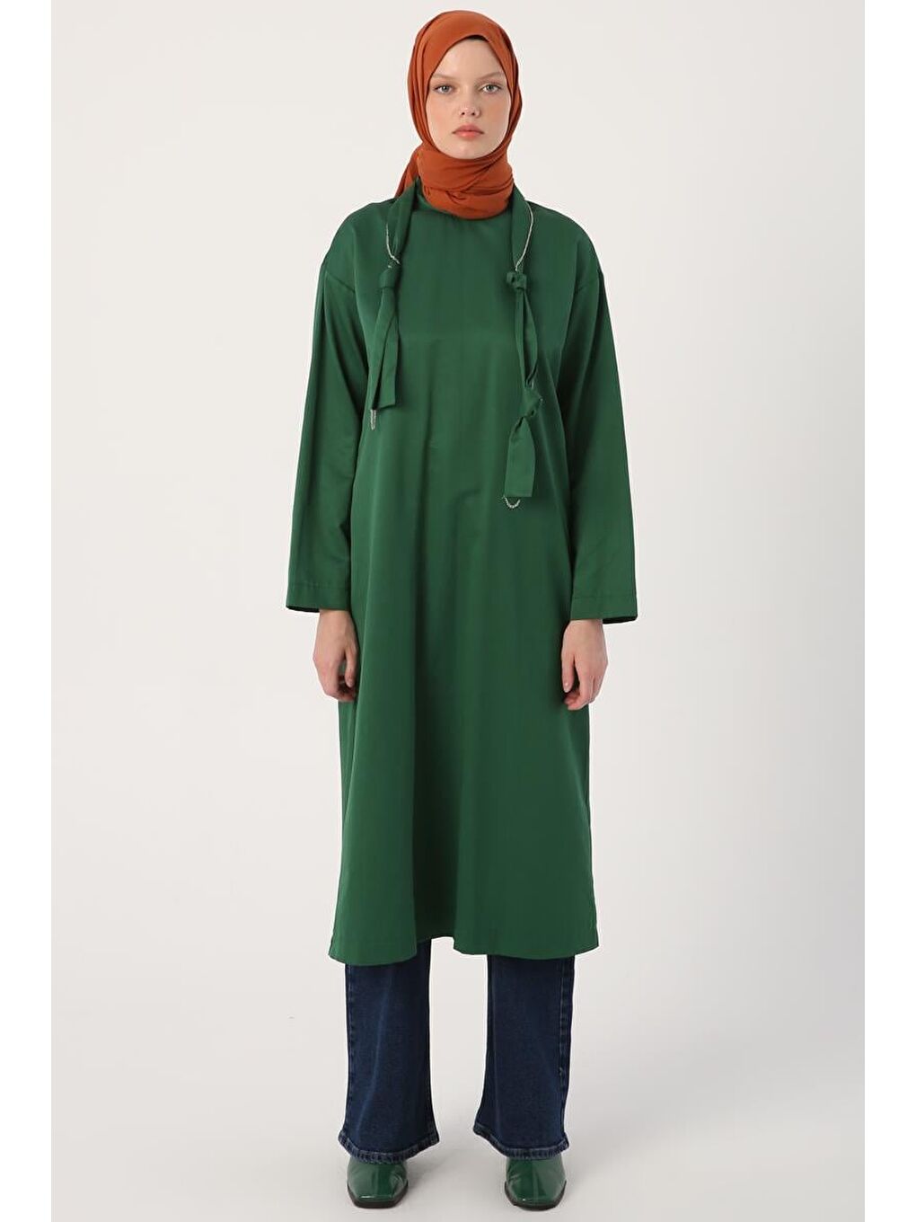 Yeşil Yakası Düğümlü Zincirli Uzun Tunik-1