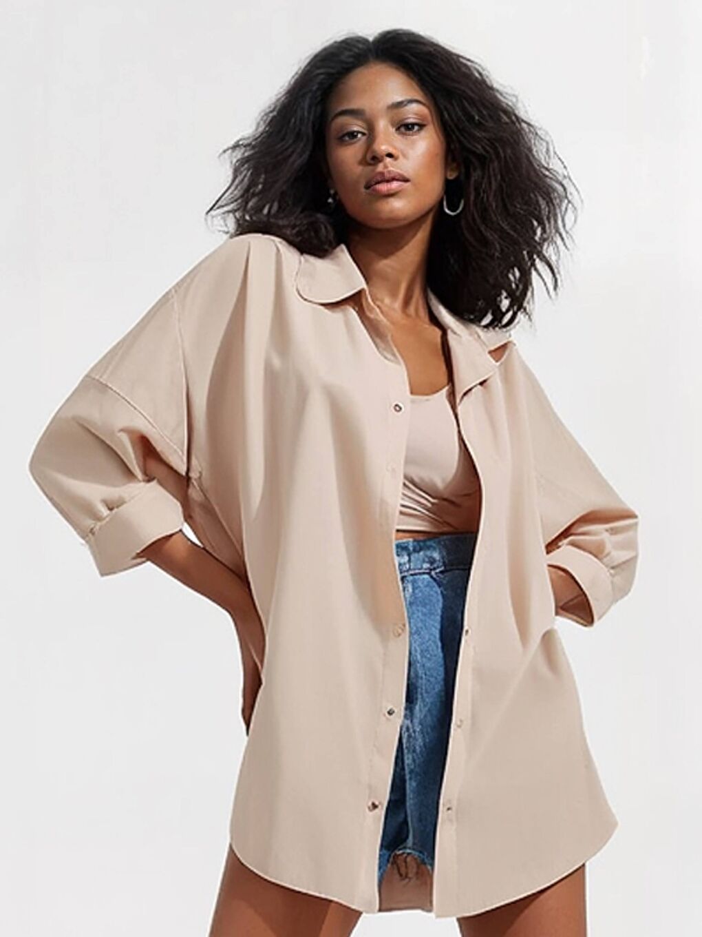 Kadın Bej Oversize Uzun Basic Gömlek HZL22W-BD139001