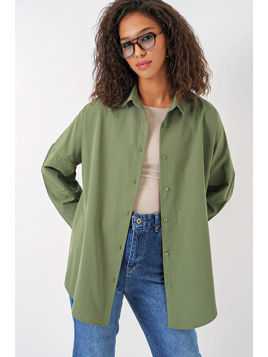 Kadın Haki Oversize Uzun Basic Gömlek HZL22W-BD139001