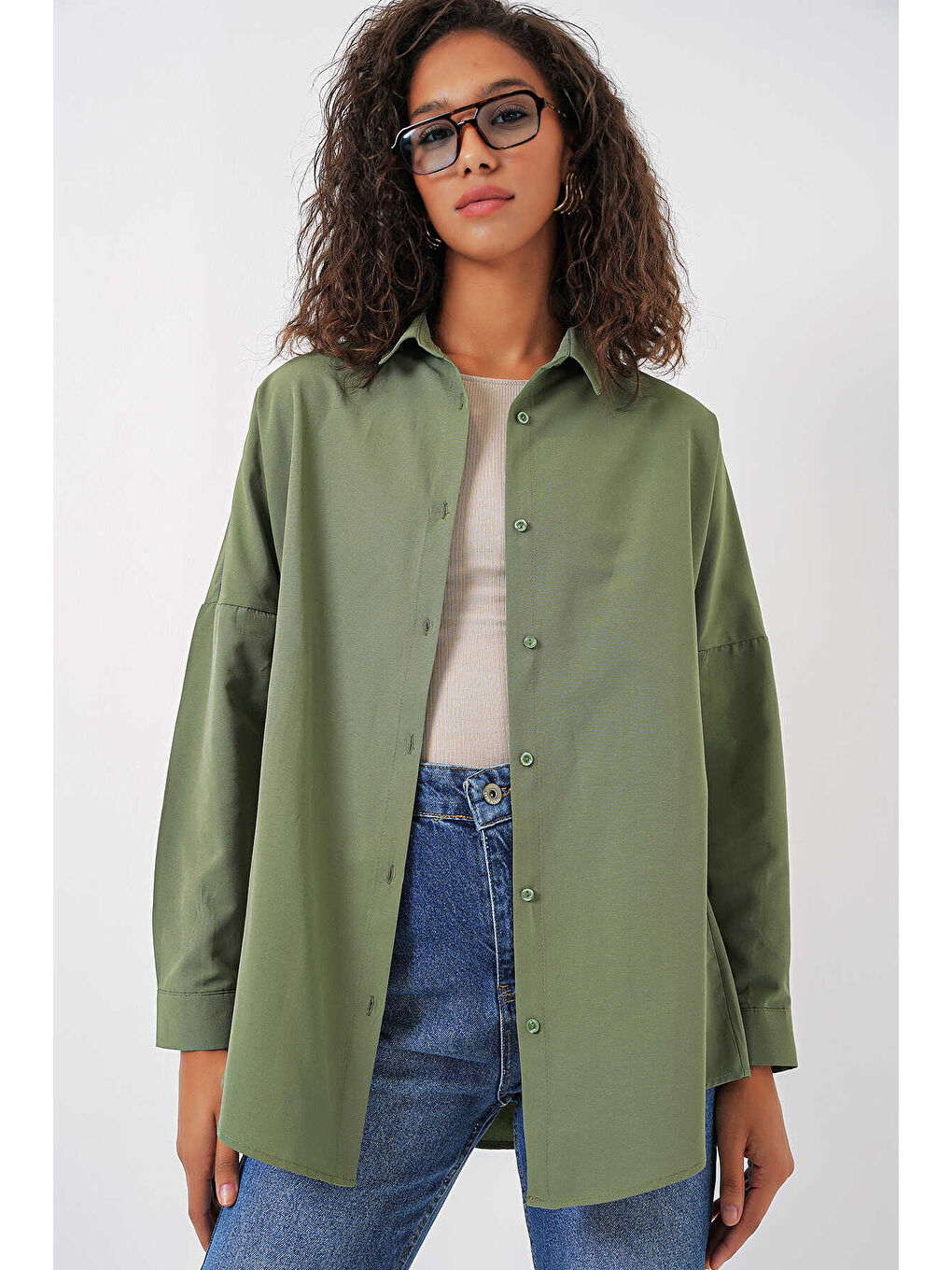 Kadın Haki Oversize Uzun Basic Gömlek HZL22W-BD139001-1