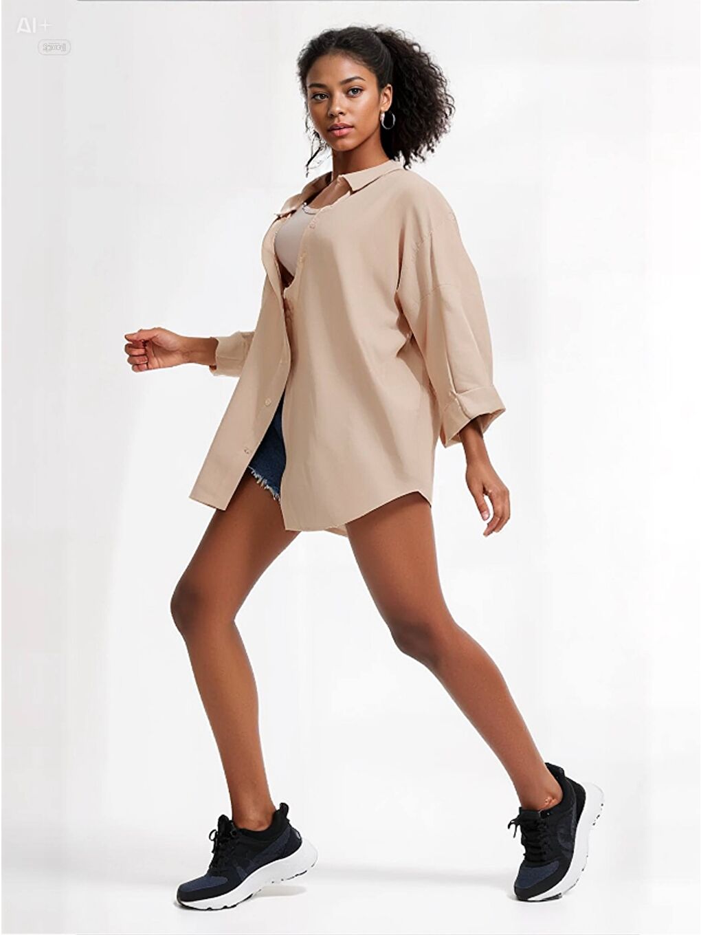 Kadın Bej Oversize Uzun Basic Gömlek HZL22W-BD139001-4