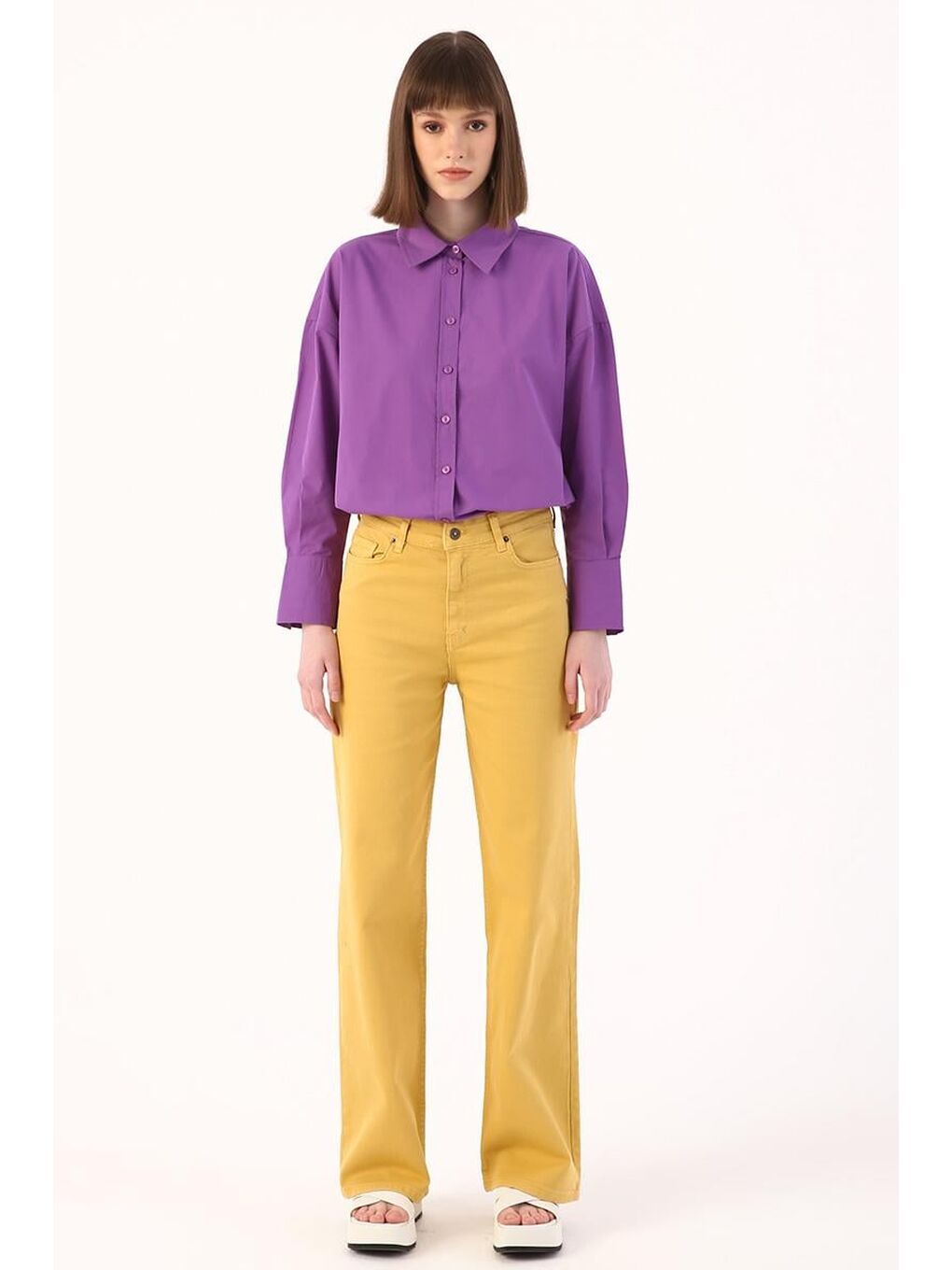 Sarı Hardal Wide Leg Yüksek Bel Pantolon-1