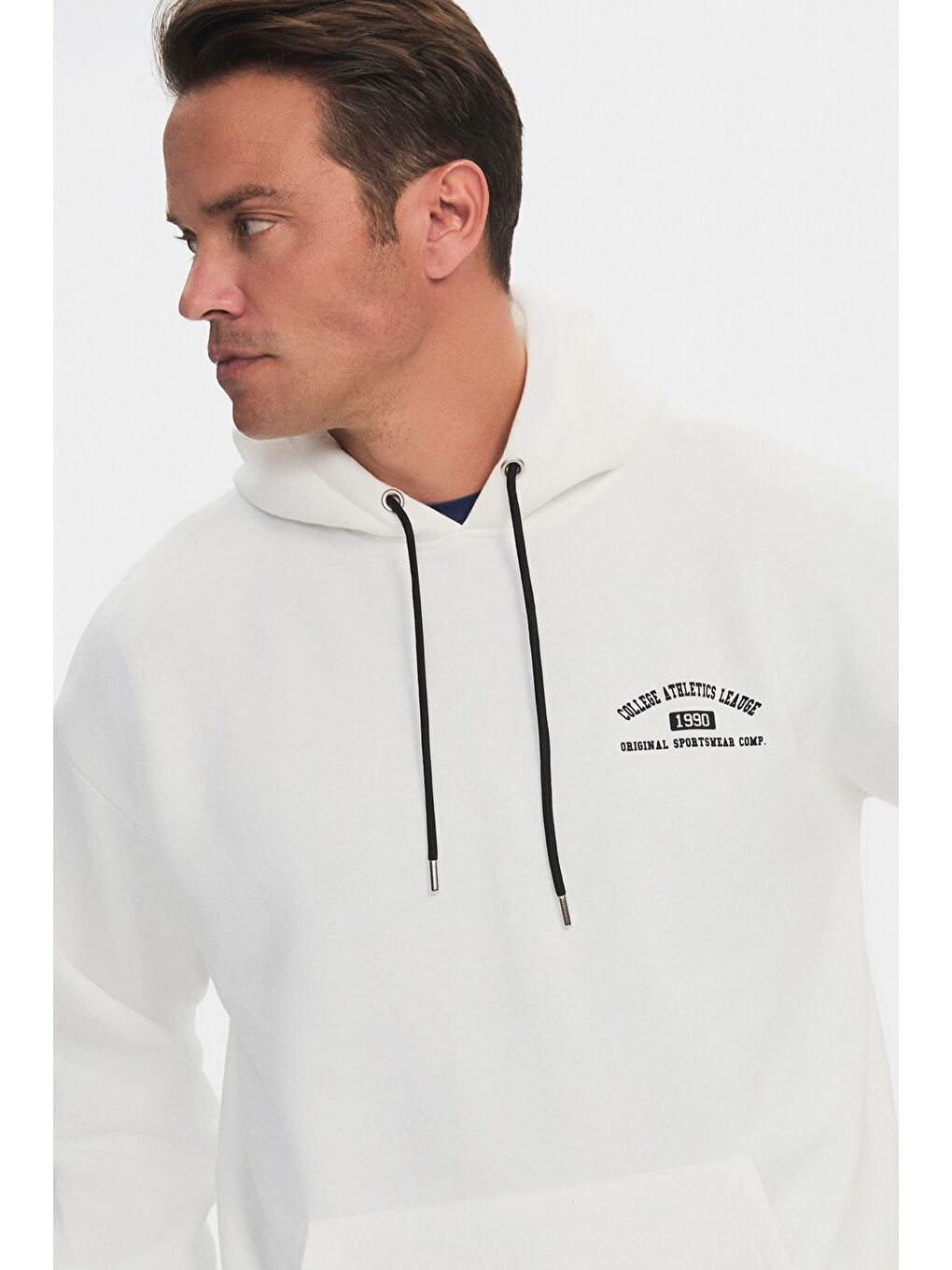 Ekru Uzun Kollu Kanguru Cepli Kapüşonlu  Erkek Hoodie-2