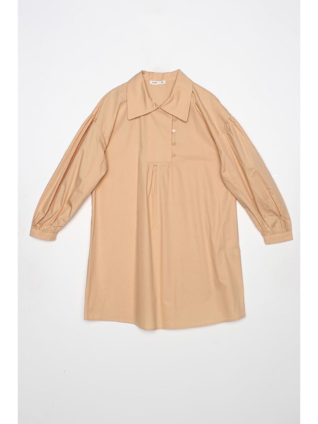 Bej Gömlek Yakalı Büzgü Detaylı Oversize Tunik-6