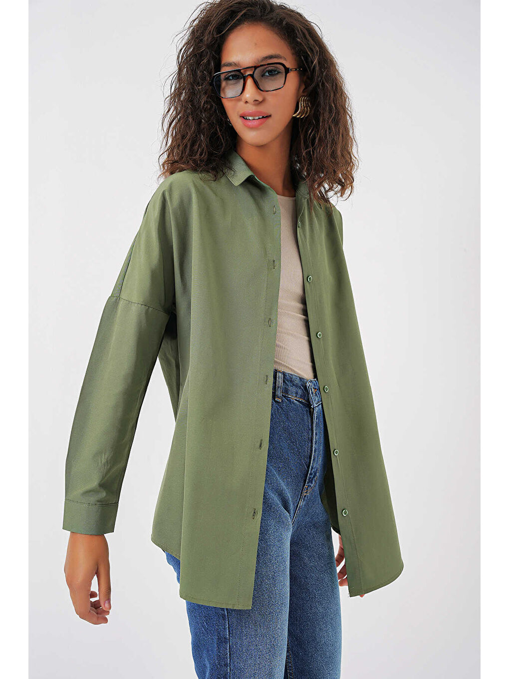 Kadın Haki Oversize Uzun Basic Gömlek HZL22W-BD139001-2