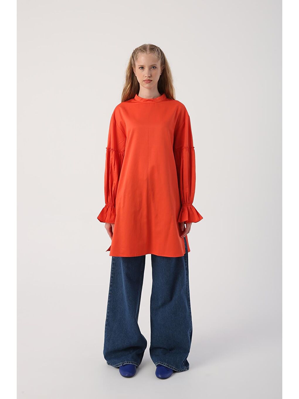 Turuncu-Kolu Lastikli Fırfır Detaylı Tunik-1