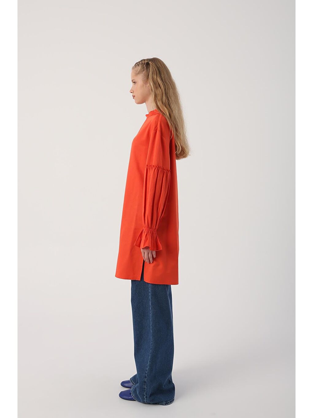 Turuncu-Kolu Lastikli Fırfır Detaylı Tunik-2