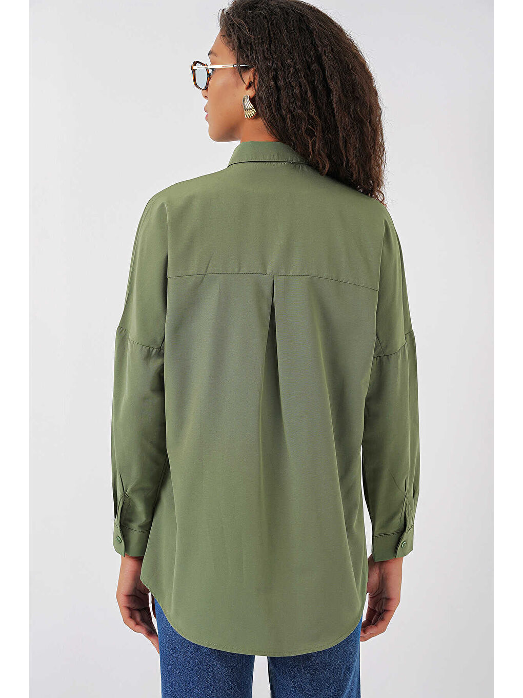 Kadın Haki Oversize Uzun Basic Gömlek HZL22W-BD139001-3
