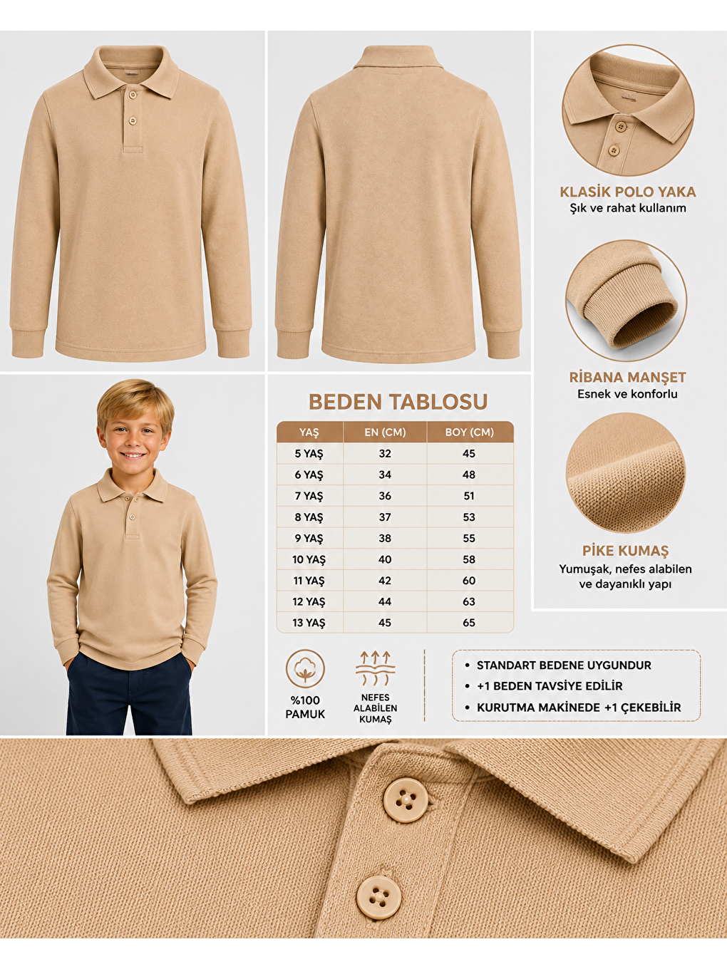 Bej Kids Polo Yaka Basic Uzun Kollu Unisex Erkek Çocuk Tişört-1